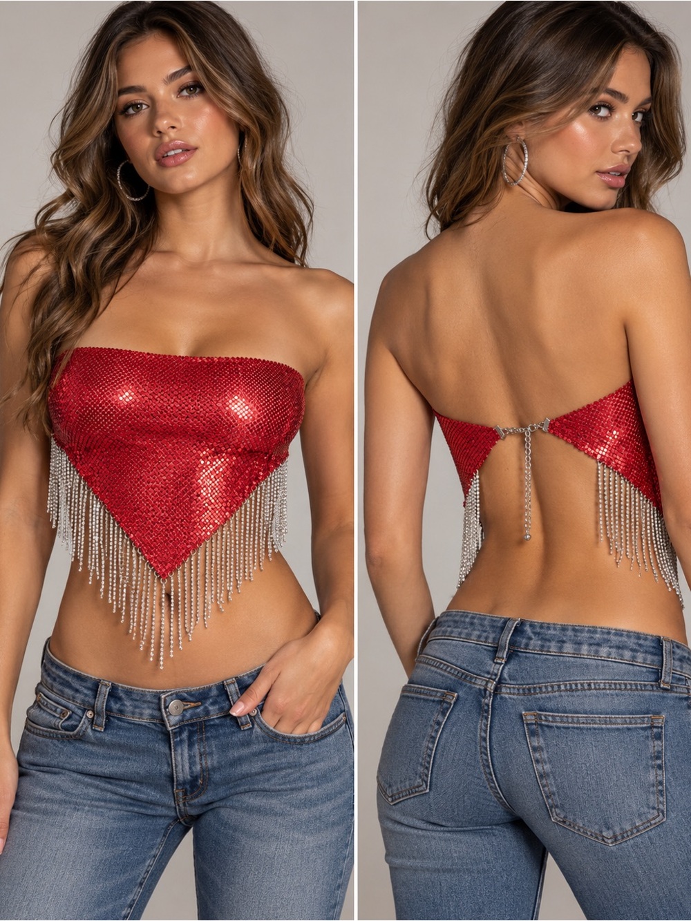DA VEAMOR Red Mesh Fringe Top O/S Rhinestone Chain NWT